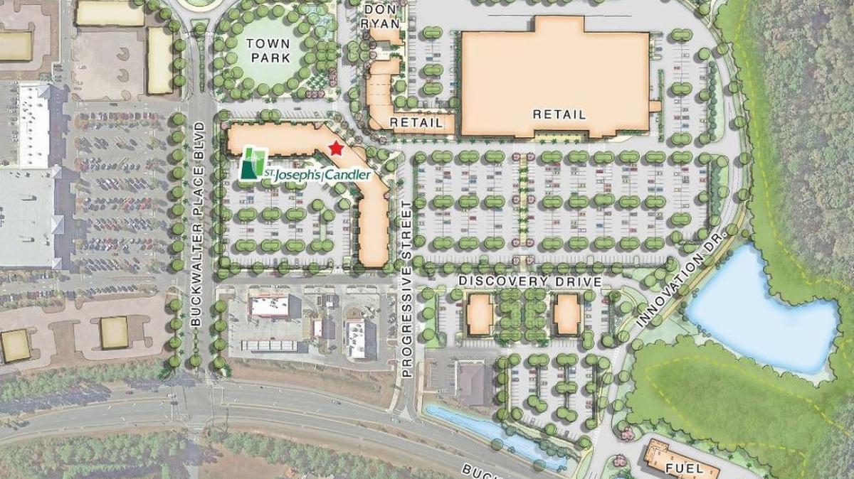This site map shows the location of a planned St. Joseph's/Candler medical campus within Bluffton’s Buckwalter Place development.