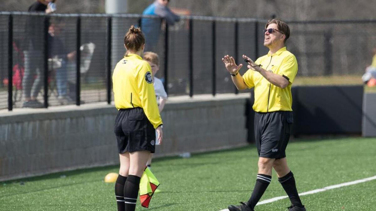 Referee Melvin Stove of Bluffton, addresses a parent’s behavior during a match at the Discoveries Soccer Clubs Ray Thompsett Invitational at the Comporium Athletic Park on March 10, 2018 in Fort Mill.