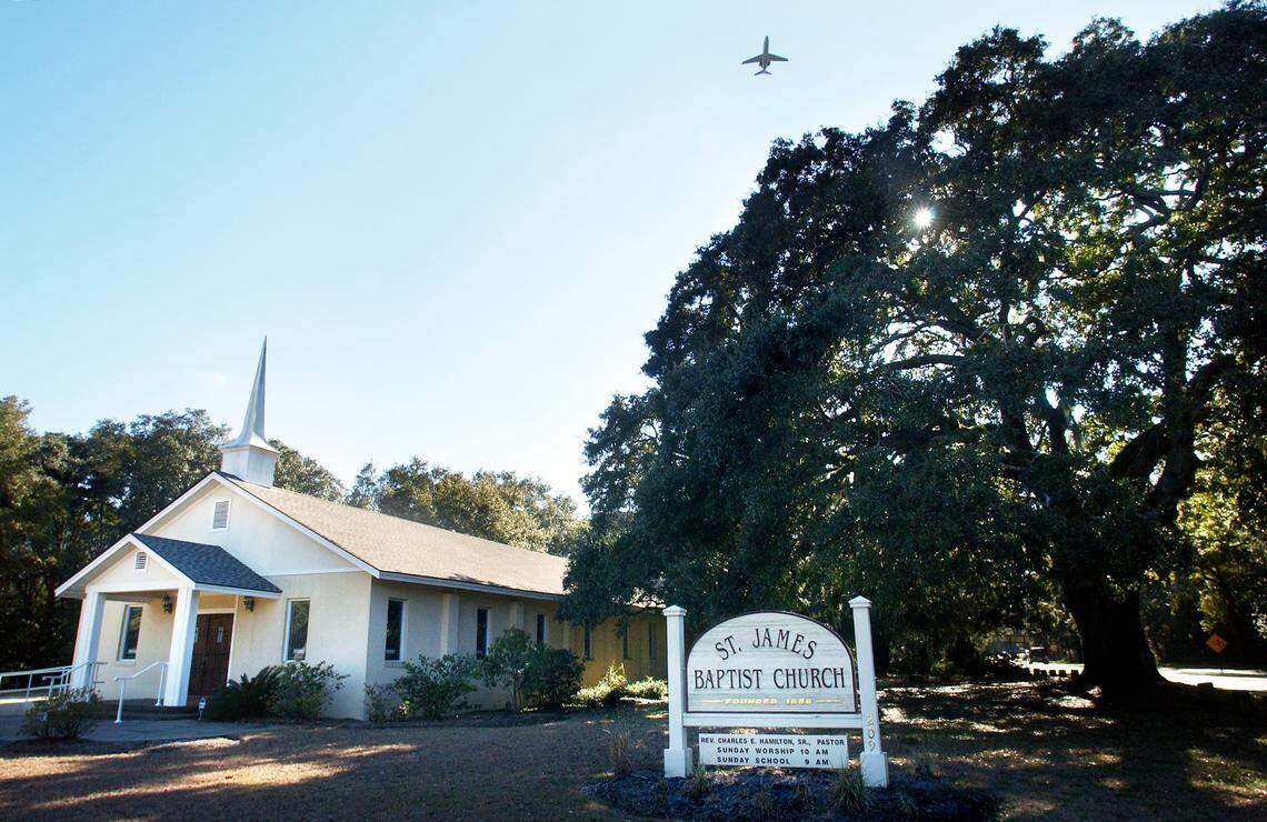 A business jet takes off over St. James Baptist Church in February 2010. The boom of commercial jet service to the Hilton Head Island Airport has put places such as the church and the Old Cherry Hill School in jeopardy.