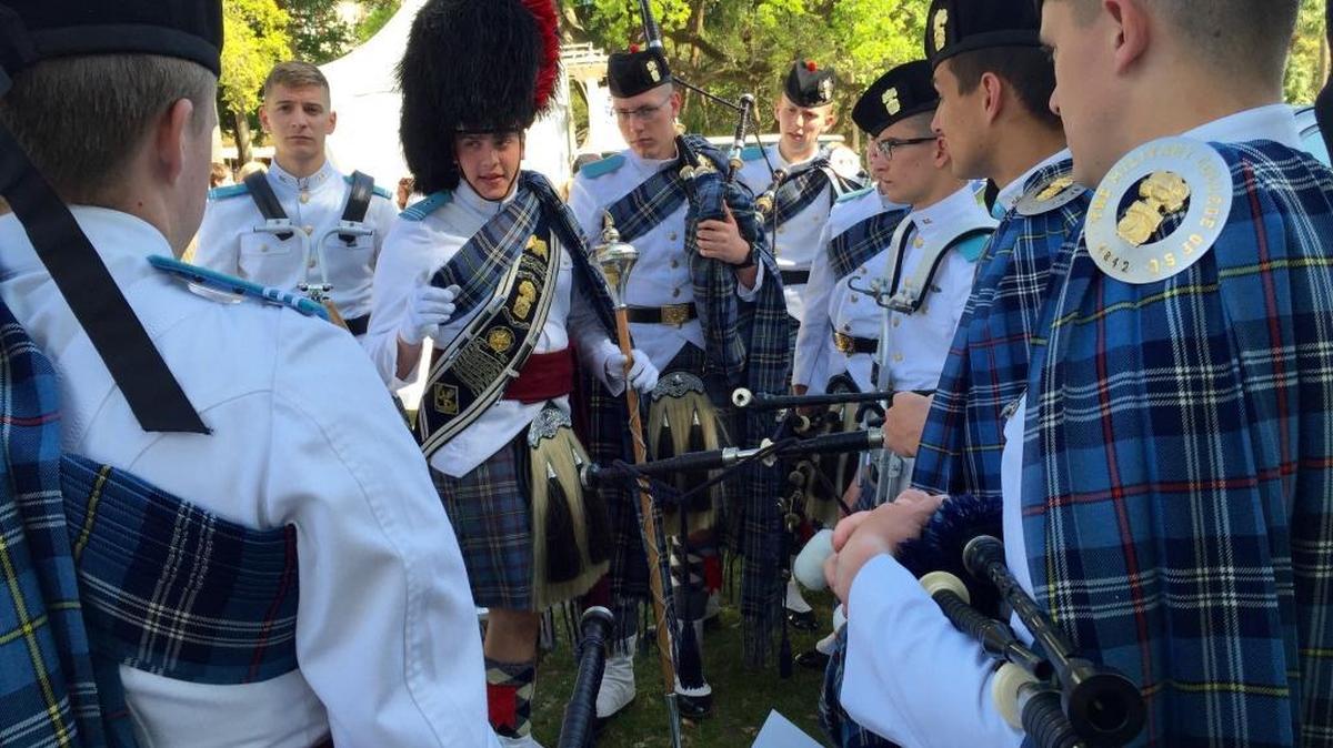 Bagpipers from The Citadel get marching instructions prior to leading the opening parade for the RBC Heritage Presented by Boeing on Hilton Head Island on April 11, 2016.