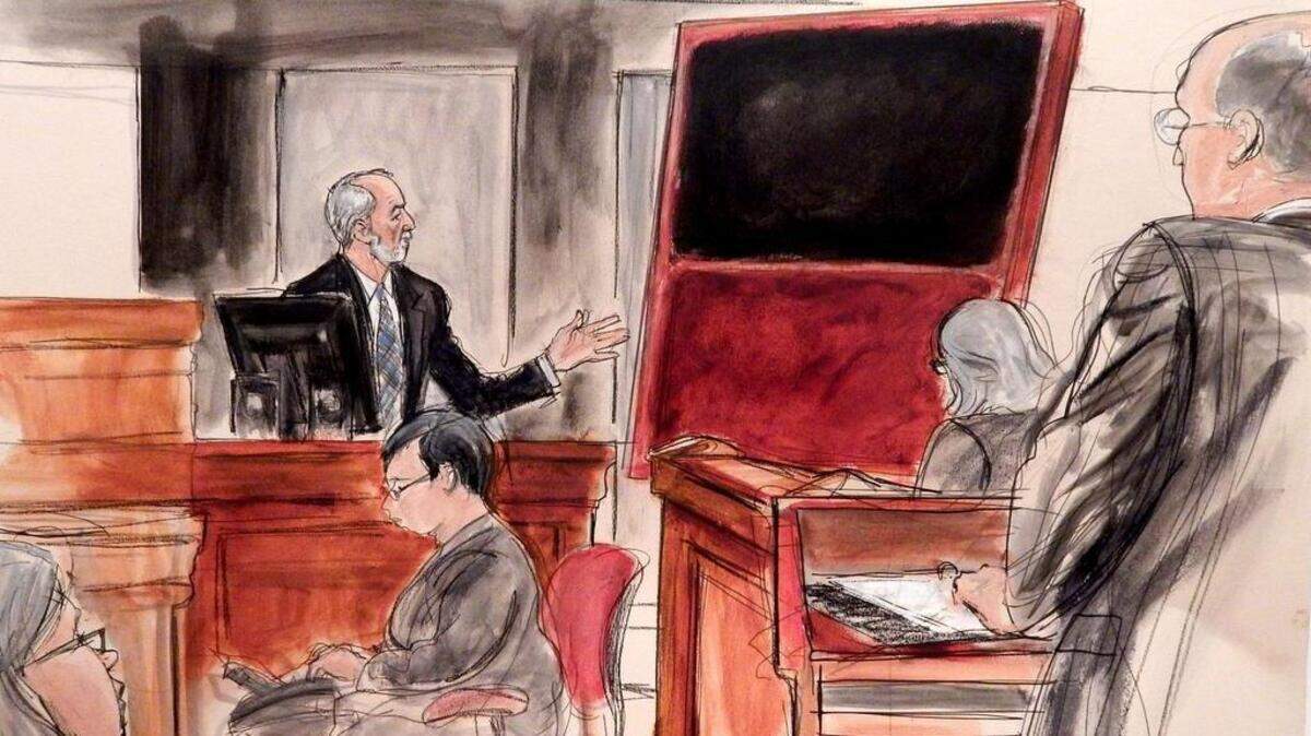 In this courtroom sketch of Wednesday, Jan. 27, 2016, Domenico De Sole, a chairman of the board at Sothebys, gestures towards his fake Mark Rothko painting, at a civil trial in New York at Manhattan federal court. In the latest chapter of a scandal that's jolted New York's art world, a federal jury is hearing about a Chinese immigrant who forged fakes of modern masters such as Jackson Pollock and Rothko in his garage, a once-reputable Manhattan gallery that sold them and the wealthy buyers who paid millions for the knockoffs. At left is De Sole's wife Eleanore and at right is De Sole's attorney Gregory Clarick at the podium.