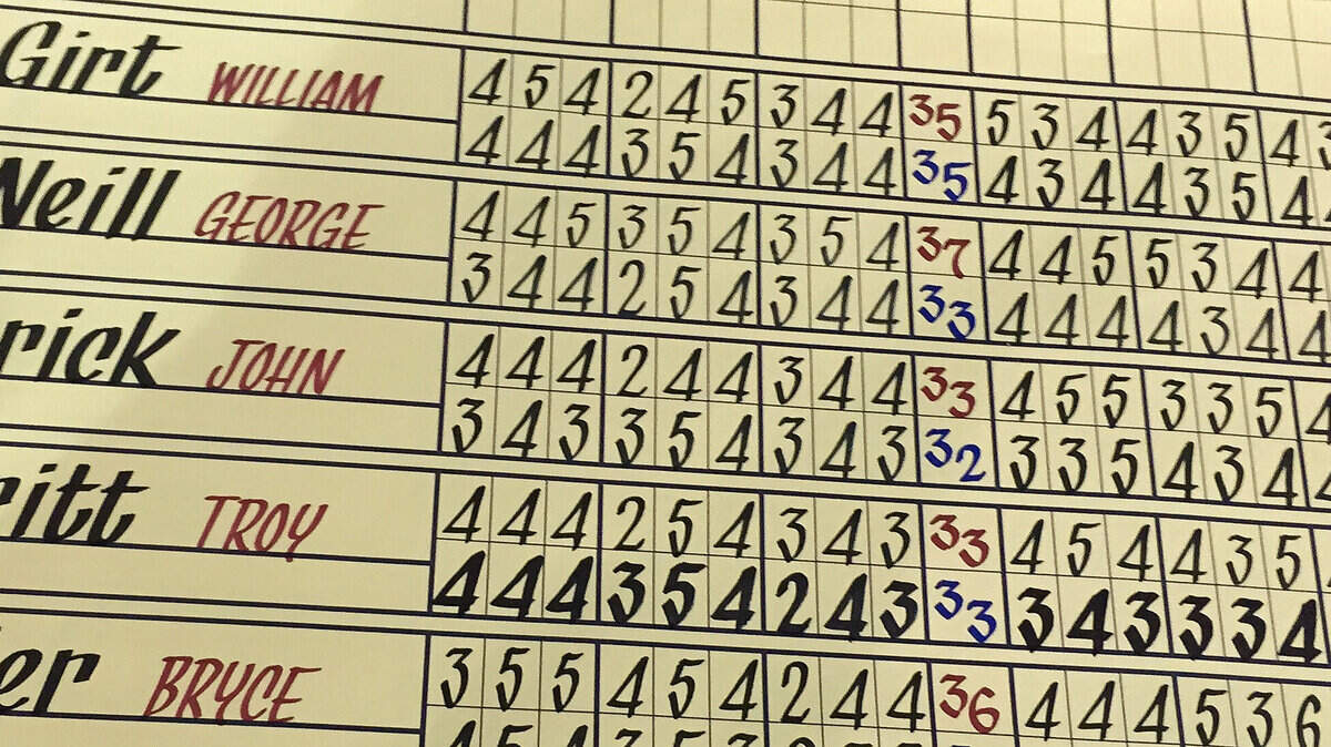 In case you never shoot a 61 at Harbour Town Golf Links, here's what the scorecard looks like. This is from the scoreboard in the media tent at the RBC Heritage Presented by Boeing, where Troy Merritt set the course record April 17, 2015 (his score is in bold print).