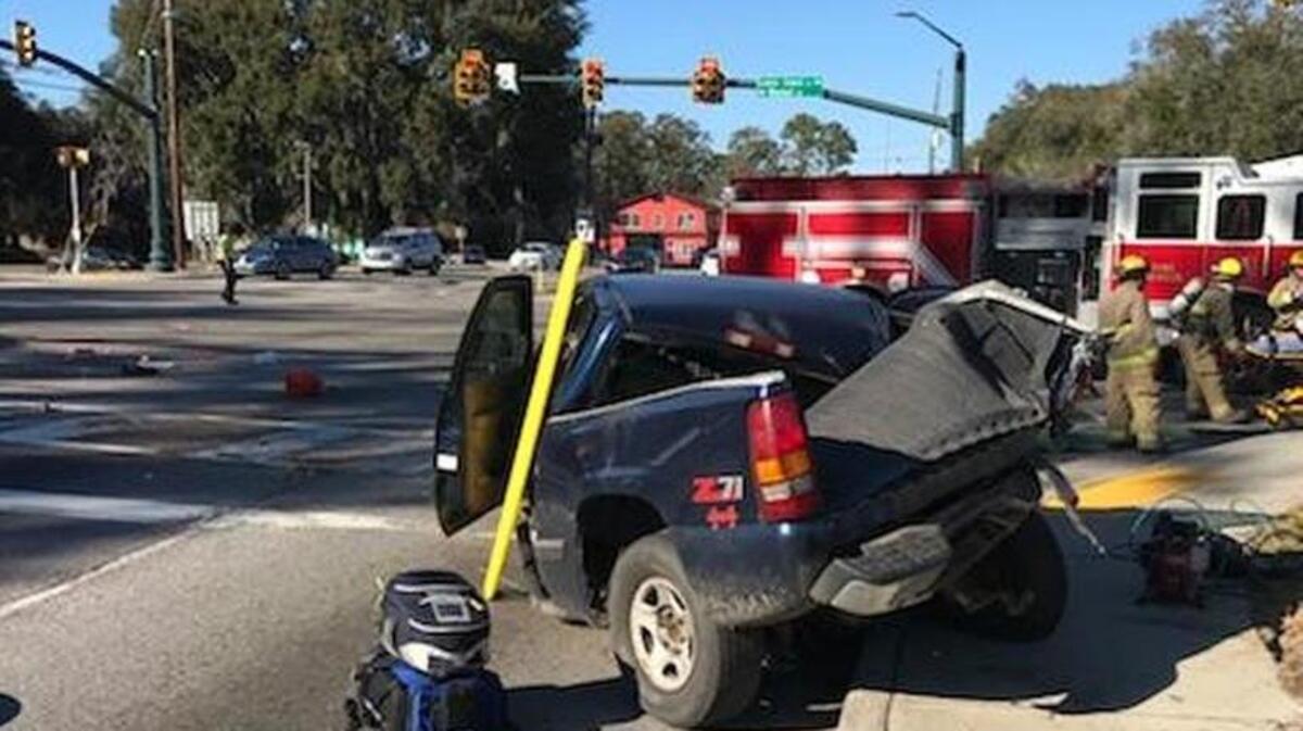 Two people in a standard pickup and one person in a “work configured” truck crashed at Ribaut Road and Lady’s Island Drive in Port Royal shortly after 3 p.m. on Monday.