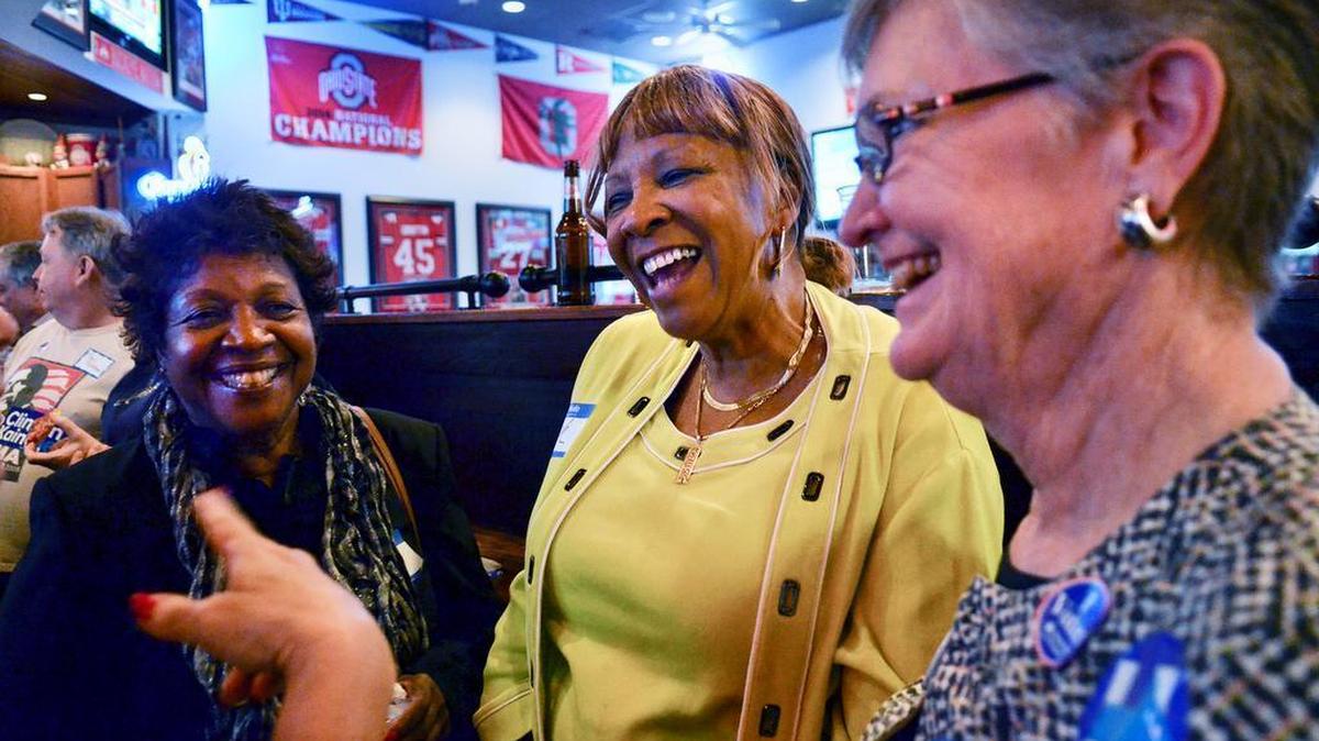 Beaufort County School Board District 6 candidate Patricia Felton-Montgomery, center, celebrates with campaign finance director Ernestine Morris, left, and supporter Nancy Willliams at an election night celebration at Mangiamo's restaurant on Hilton Head on Nov. 8, 2016. Unofficial results indicated that Felton-Montgomery had unseated incumbent Paul Roth in the election.