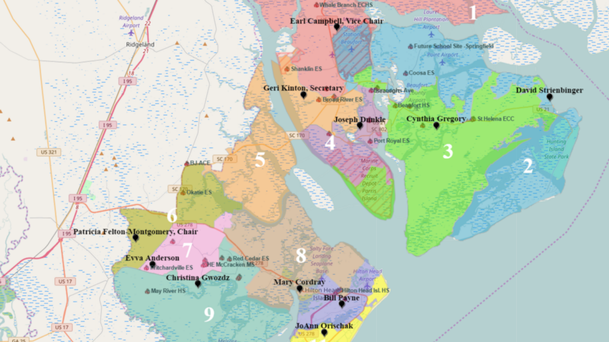 A map of the Beaufort County School Board districts and representatives