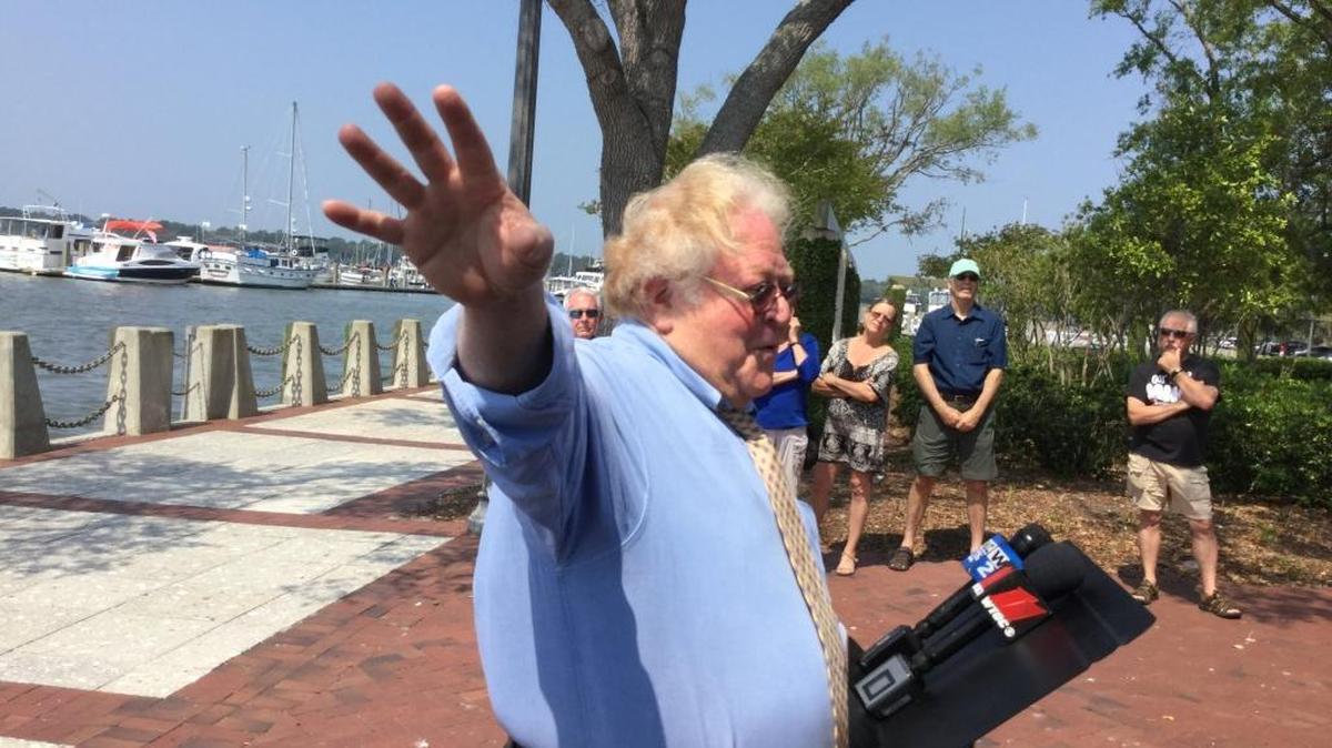 In this file photo from April, Beaufort Mayor Billy Keyserling speaks to reporters and residents in Henry C. Chambers Waterfront Park in Beaufort. Keyserling stated opposition to President Donald Trump's executive order that could expand offshore drilling.