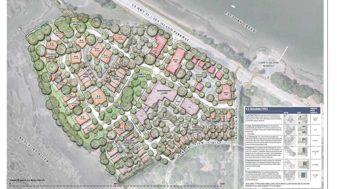 An updated plan for the Whitehall property on Lady’s Island shows a mix of housing types, an independent living facility, retail buildings and open space.