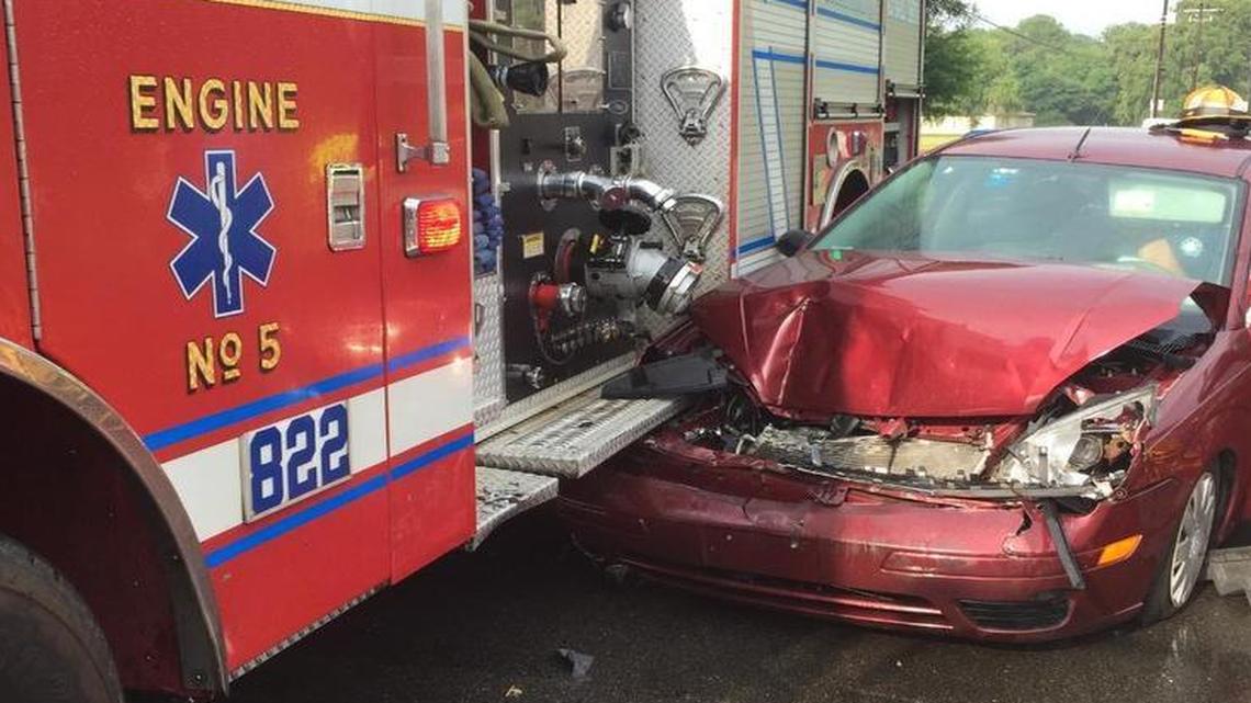 A Burton Fire District firetruck and a Ford Focus collided at the intersection of Trask Parkway and Bruce K. Smalls Road on Wednesday afternoon.