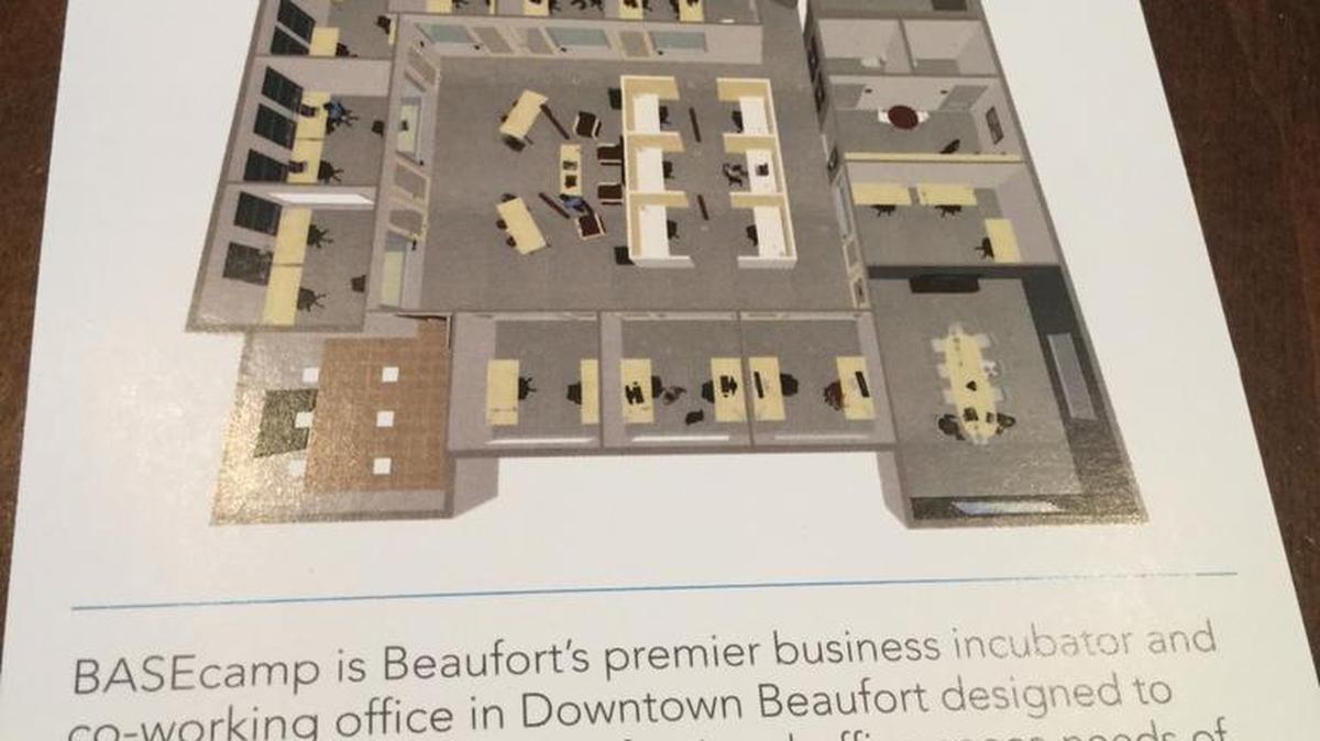 A brochure shows the floor plan of the Beaufort Digital Corridor, renovated office space on Carteret Street to draw technology businesses and entrepreneurs.