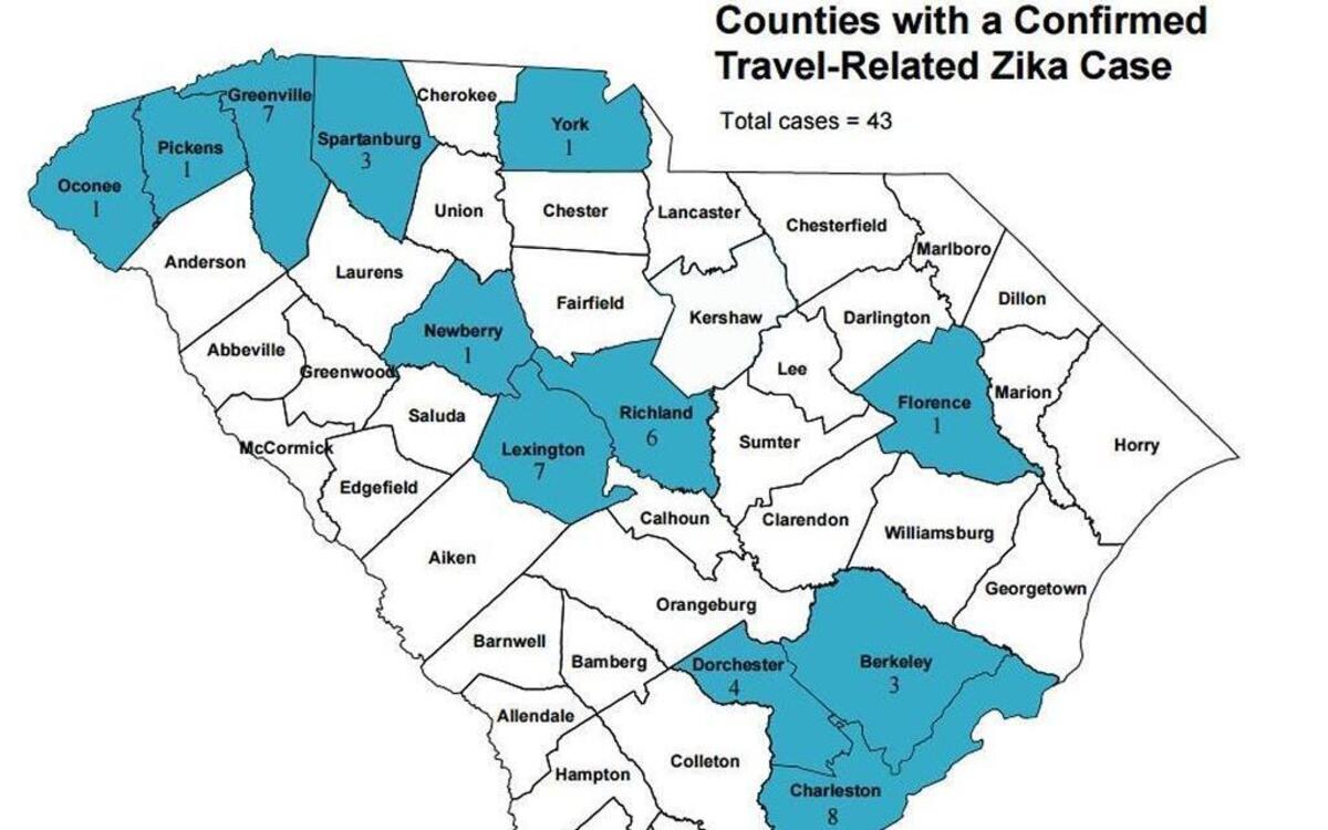 A map of confirmed, travel-related Zika virus cases in South Carolina, as of Aug. 26, 2016.
