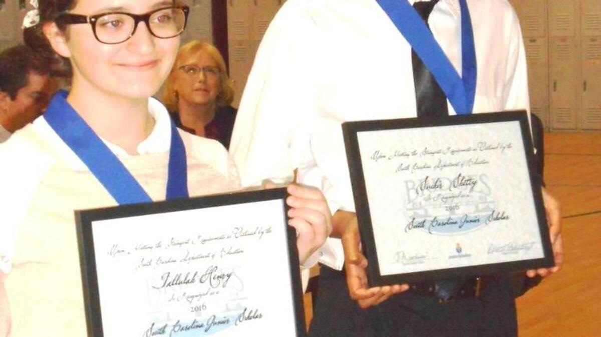 Tallulah Henry (right) and Suchir Shetty, eighth graders at Bridges Preparatory School in Beaufort, have been named South Carolina Junior Scholars.