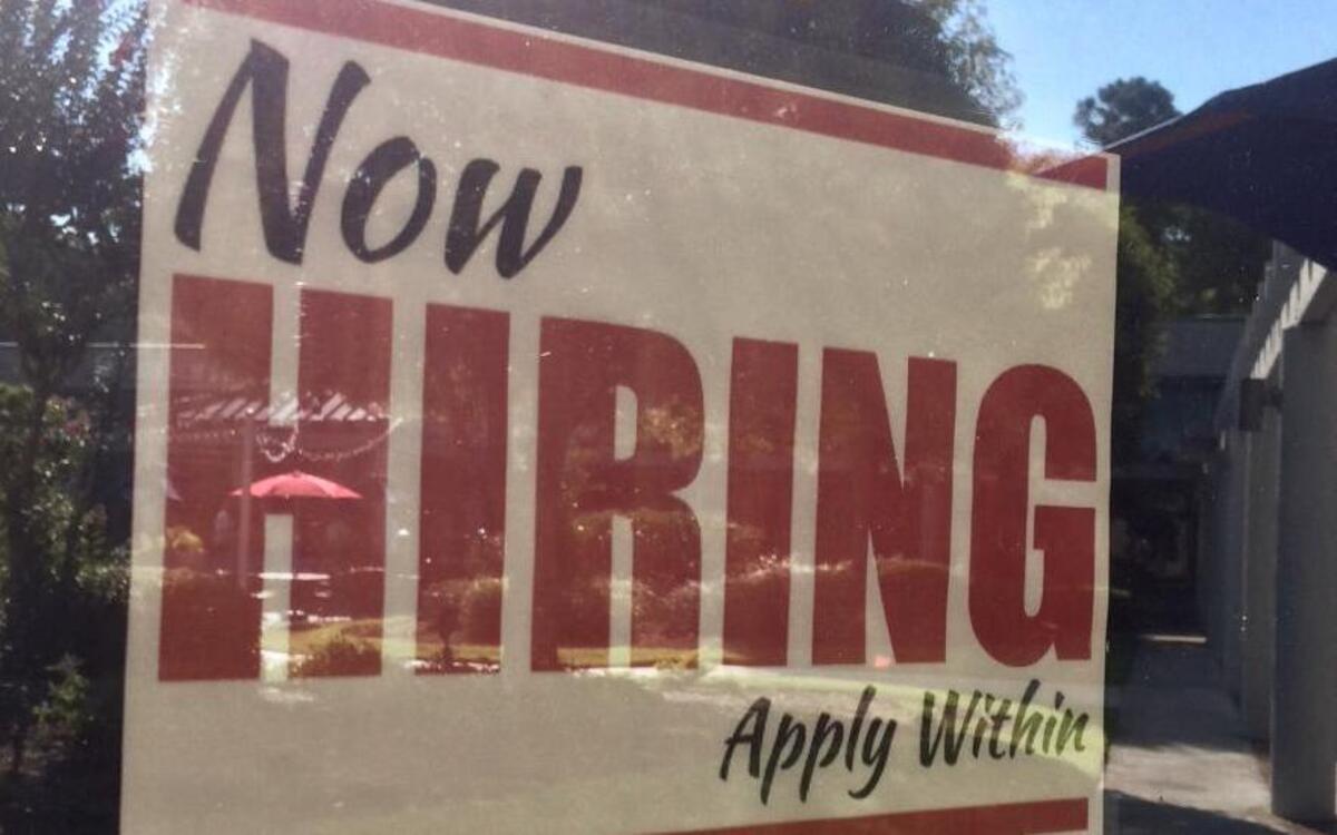 A “help wanted” sign posted outside Park Plaza Cinema on Hilton Head Island in July 2016.