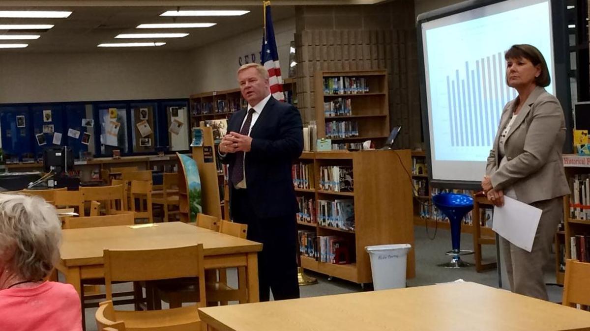 Superintendent Jeff Moss and chief financial officer Phyllis White presented information on the Beaufort County school board’s sales-tax and bond referendum questions going before voters in November at a town hall meeting Wednesday at Hilton Head Island High School.