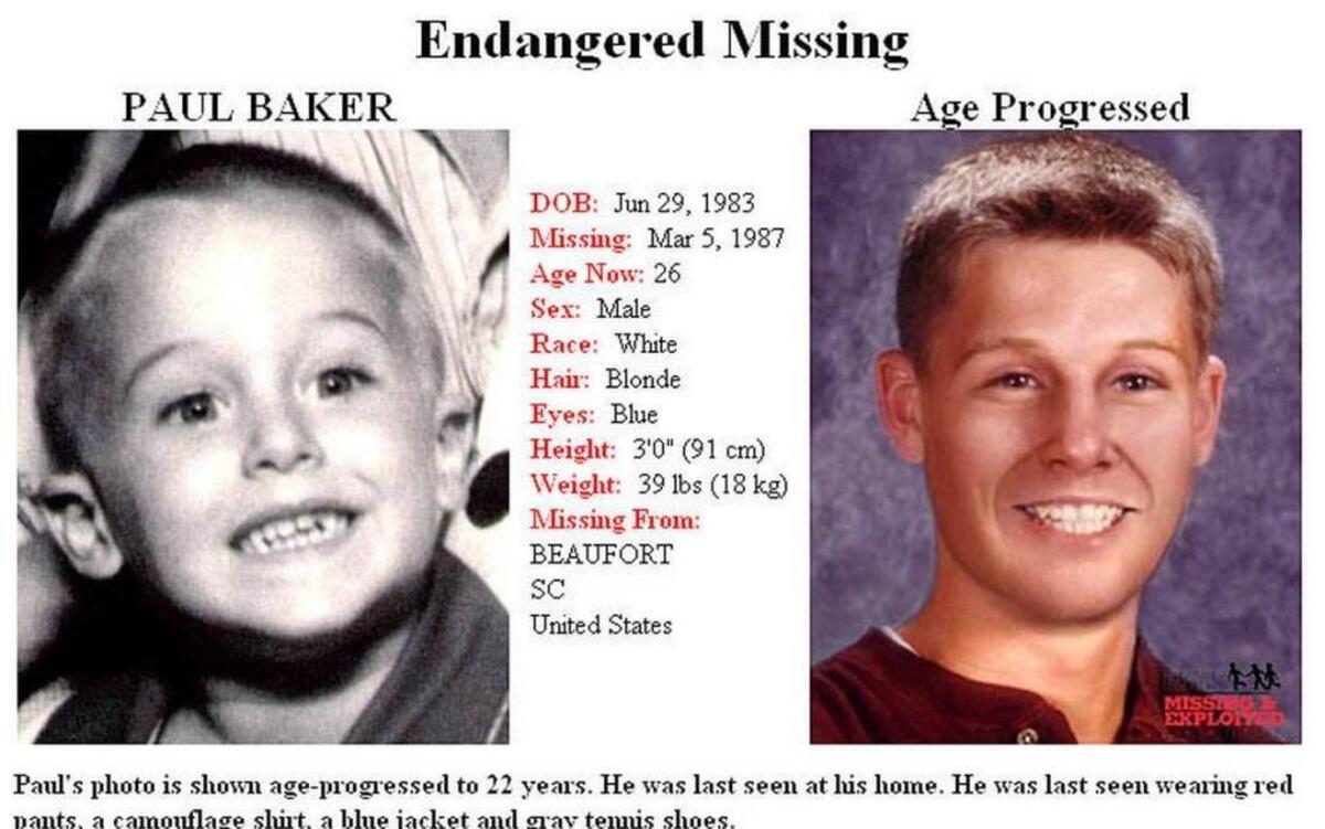 A flier published in 2009 shows what Paul Baker, missing since 1987, might look like as a young adult.