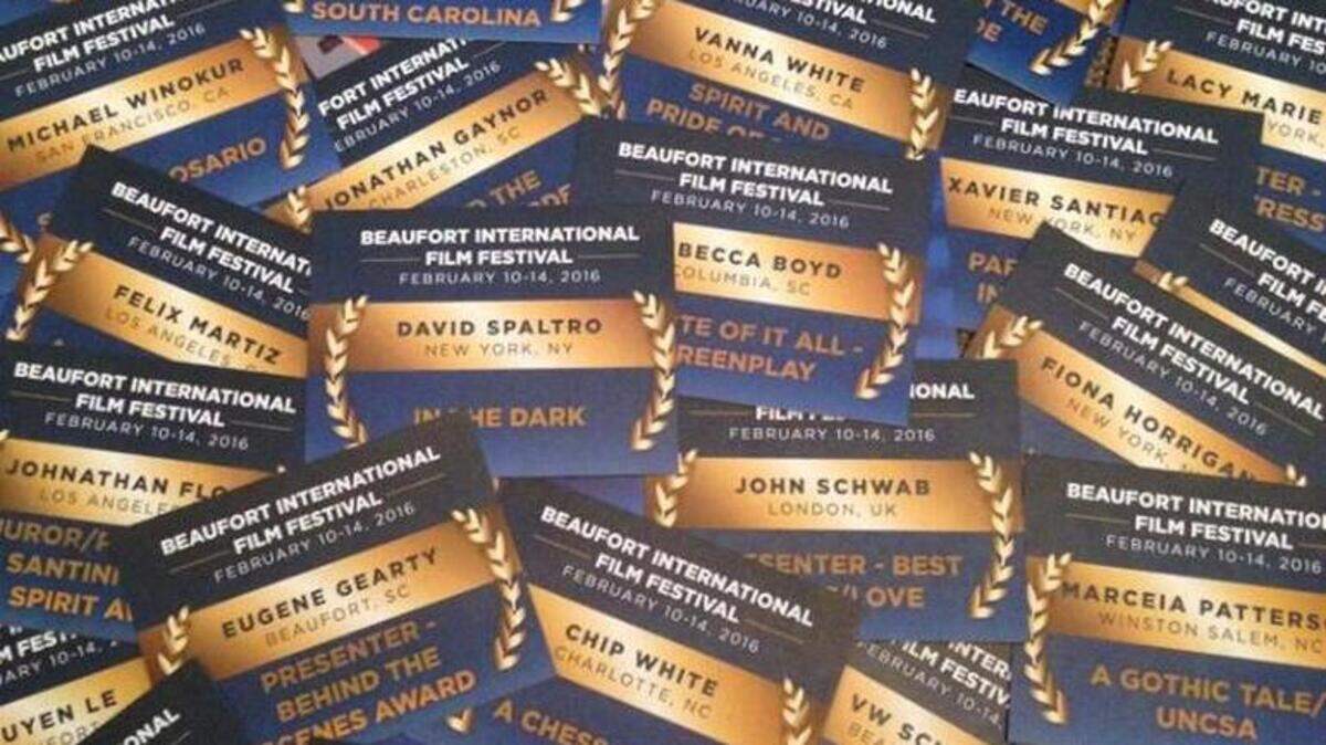 A sampling of the filmmakers, represented by their nametags, heading to the 10th annual Beaufort International Film Festival.