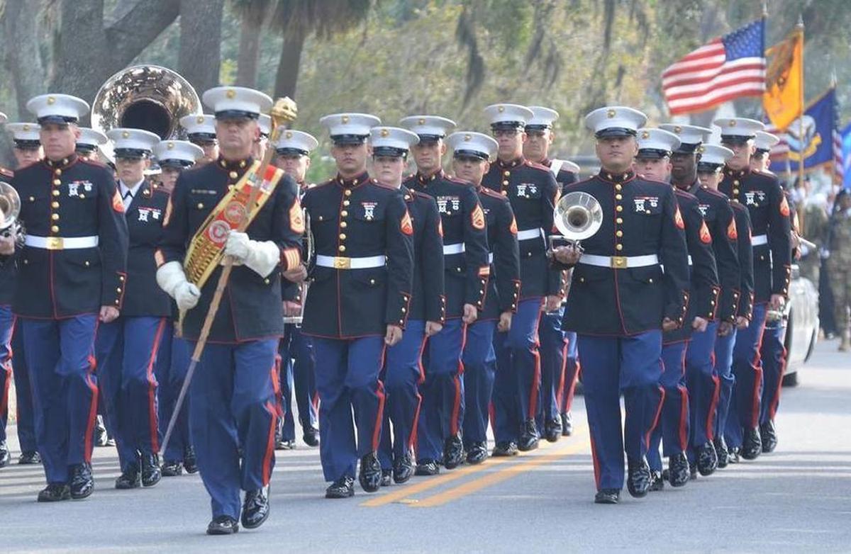 The Parris Island Marine Band marches during the Veterans Day parade in Beaufort on Nov. 11, 2016. Monday’s parade begins at 10 a.m.