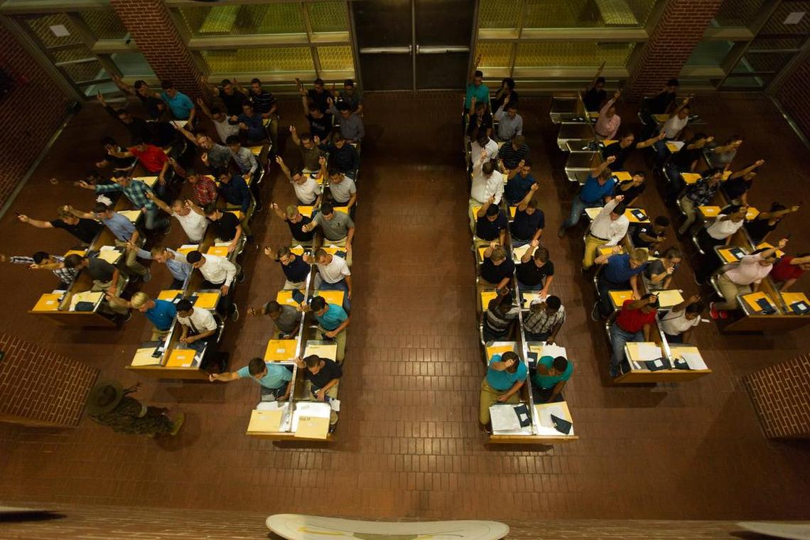 In July, recruits respond to a drill instructor at Marine Corps Recruit Depot Parris Island after passing through the iconic silver doors to become U.S. Marines. Parris Island has been the site of Marine Corps recruit training since Nov. 1, 1915.