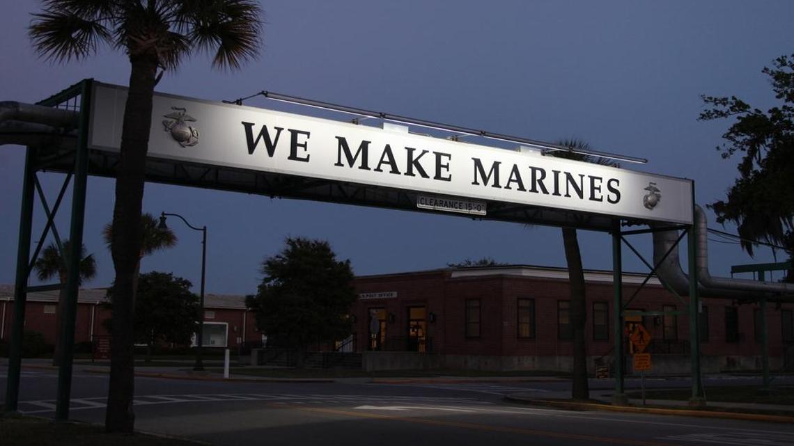 The “We Make Marines” sign at Marine Corps Recruit Depot Parris Island, S.C., is pictured in this file photo.