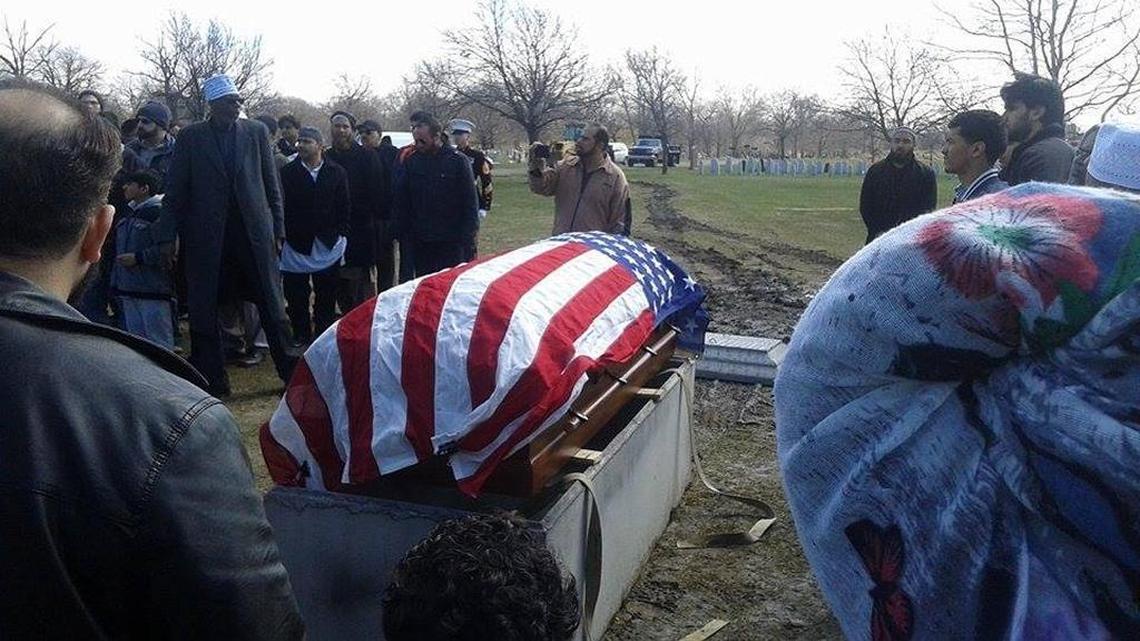 A flag-draped coffin holds the body of former Marine recruit Raheel Siddiqui at his funeral on March 25, 2016, in Detroit. Siddiqui, a Taylor, Mich., native, died March 18 during recruit training on Parris Island.