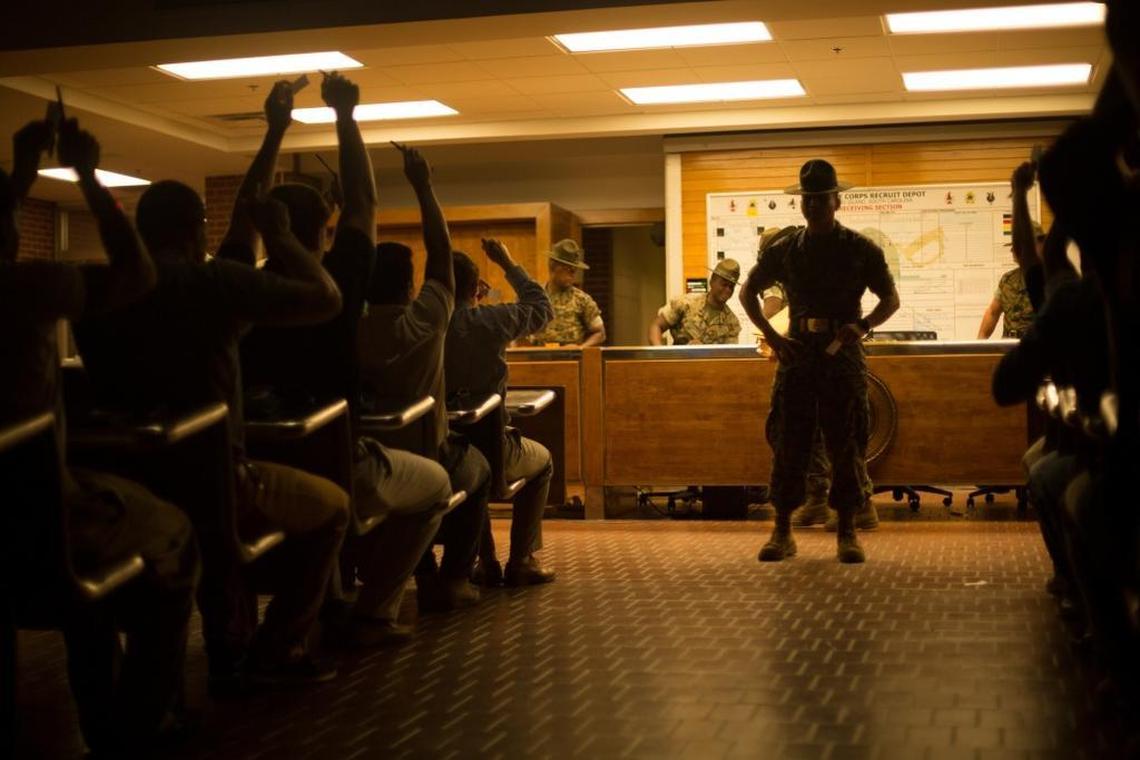 A U.S. Marine Corps drill instructor gives orders to new recruits on May 22, 2017, at Marine Corps Recruit Depot Parris Island, S.C.