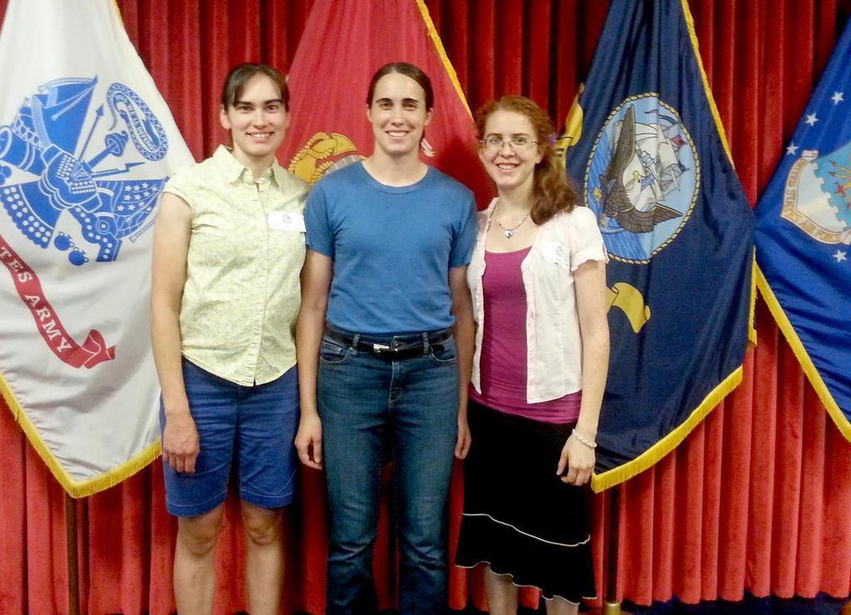 Rebekah Kind, center, is pictured with her sisters after the swearing-in ceremony at a Military Entrance Processing Station taken the day before she arrived at Marine Corps Recruit Depot Parris Island for recruit training. Her sisters are Rachel Schultz, left, and Ruth Schultz, right.