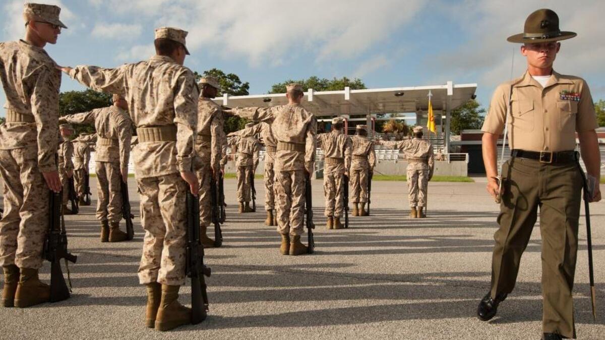 Sgt. Michael Eldridge, then a drill instructor in 3rd Recruit Training Battalion at Marine Corps Recruit Depot Parris Island, supervises trainees during drill July 15, 2013, on Parris Island, S.C.