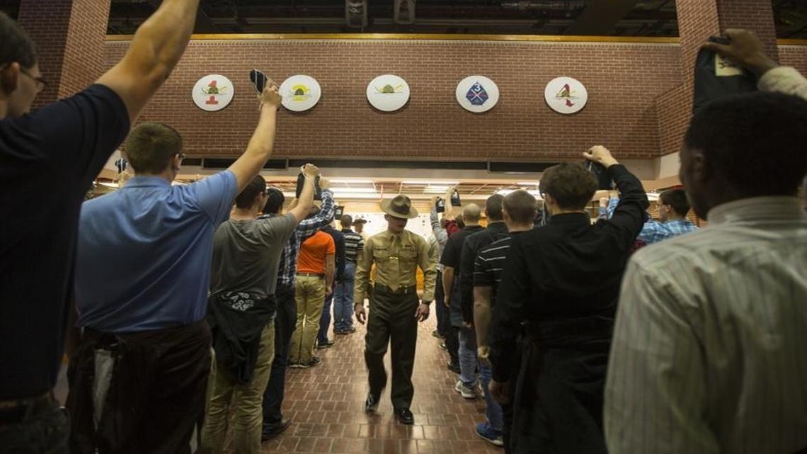 A drill instructors shouts commands to new recruits in December 2015 at Marine Corps Recruit Depot Parris Island, S.C.
