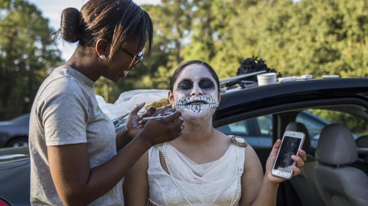 Marines prepare for the haunted trail at a Halloween party at Marine Corps Air Station Beaufort. Marines wore scary costumes to scare guests along the haunted trail. Thirty Marines volunteered and dressed up to create the Oct. 27, 2016, event. The Marines are with Marine Aviation Logistics Squadron 31.