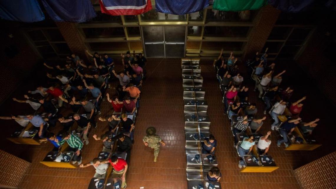 A U.S. Marine Corps drill instructor gives orders to new recruits June 5, 2017, on Parris Island, S.C.