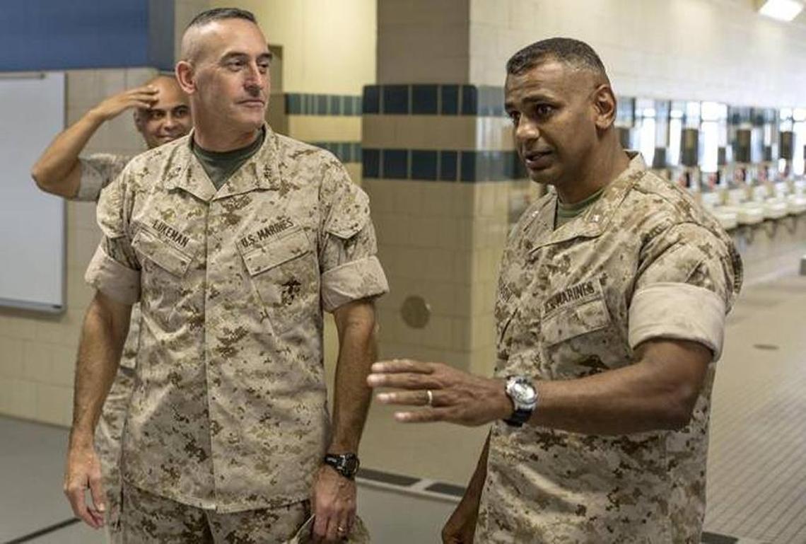 In this file photo, Lt. Col. Joshua Kissoon, right, addresses Marines at Marine Corps Recruit Depot Parris Island.