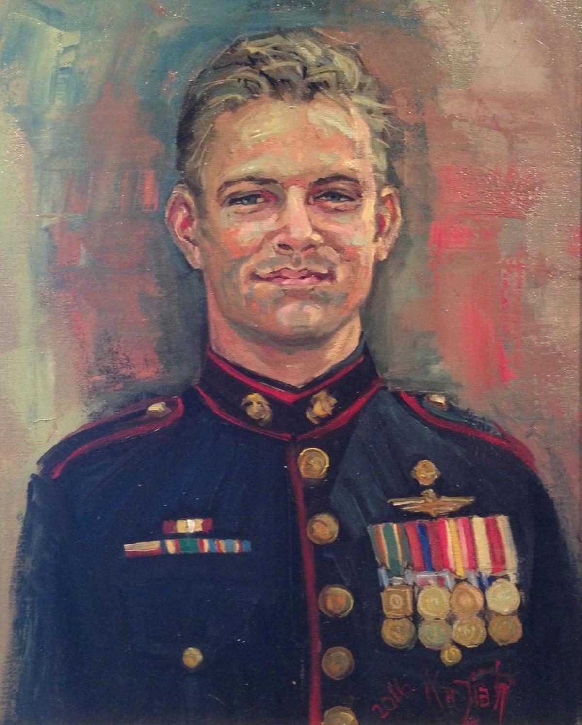 An oil painting of Ryan Jeschke, who graduated from Marine Corps Recruit Depot Parris Island and served his country for more than a decade before being killed in action in 2012 in Afghanistan. He was the great-grandson of Richard “Hall” Jeschke, who as a Marine Corps colonel in 1944 helped plan the D-Day landings in Normandy, France, during World War II and was awarded the Legion of Merit for his part in the operation.