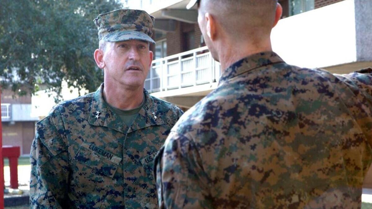 Pictured on Nov. 14, 2016 at Camp Lejeune, N.C. is U.S. Marine Corps Maj. Gen. James W. Lukeman, left, has referred charges to special court-martial against three Marines assigned to Marine Corps Recruit Depot Parris Island.