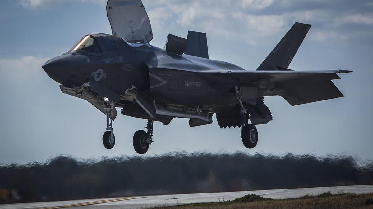An F-35B Lightning II performs a vertical landing aboard Marine Corps Air Station Beaufort. The F-35B is the short takeoff and vertical landing variant of the jet which uses a jet propulsion system to execute the landing. The aircraft is with Marine Fighter Attack Training Squadron 501.