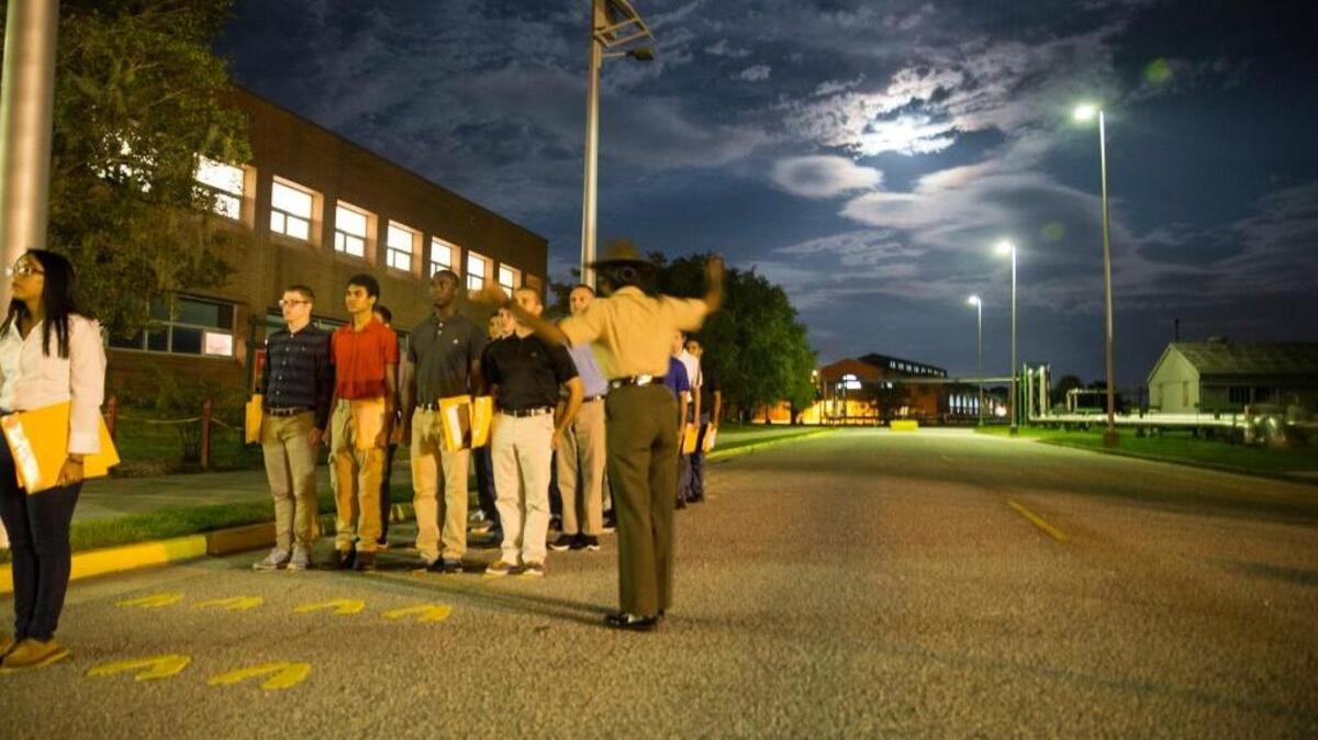 Sgt. Keisha E. Curry, a senior drill instructor with Recruit Processing Company, Support Battalion, welcomes the newest recruits of Bravo Company, 1st Recruit Training Battalion, and Oscar Company, 4th Recruit Training Battalion, Sept. 19, 2016, on Parris Island, S.C.