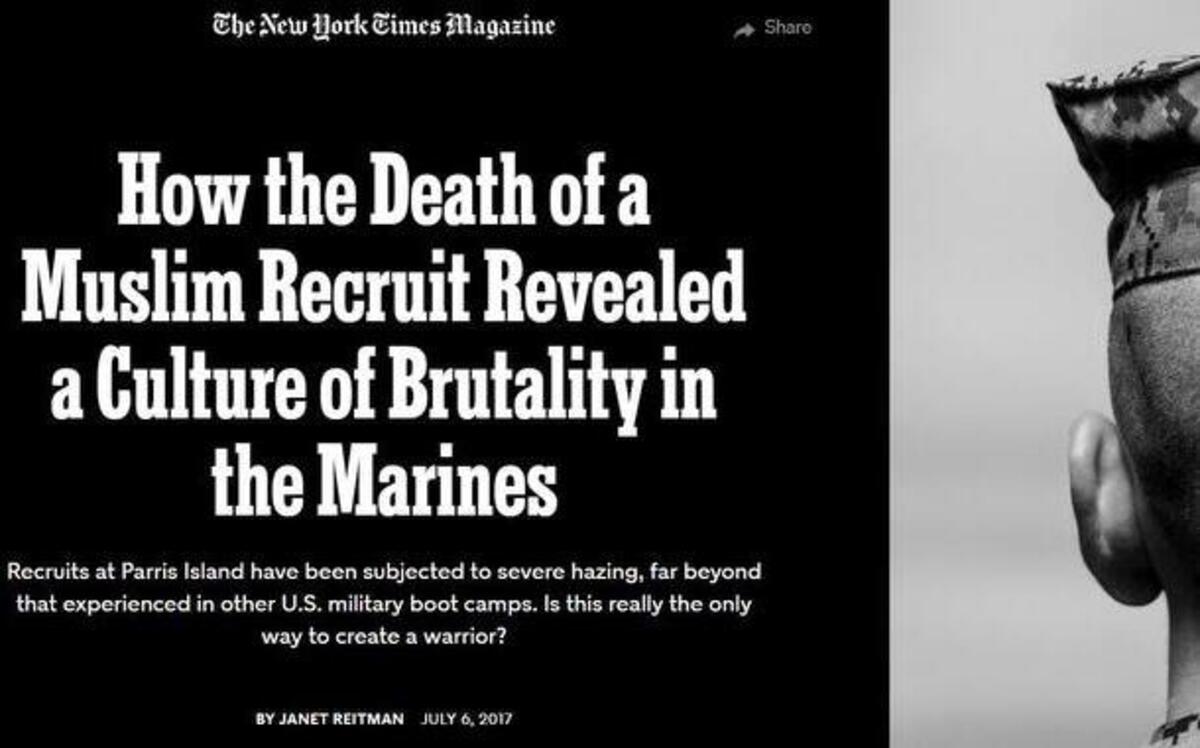 A screenshot of Janet Reitman’s July 6, 2017, New York Times Magazine piece on hazing and recruit abuse at Marine Corps Recruit Depot Parris Island.