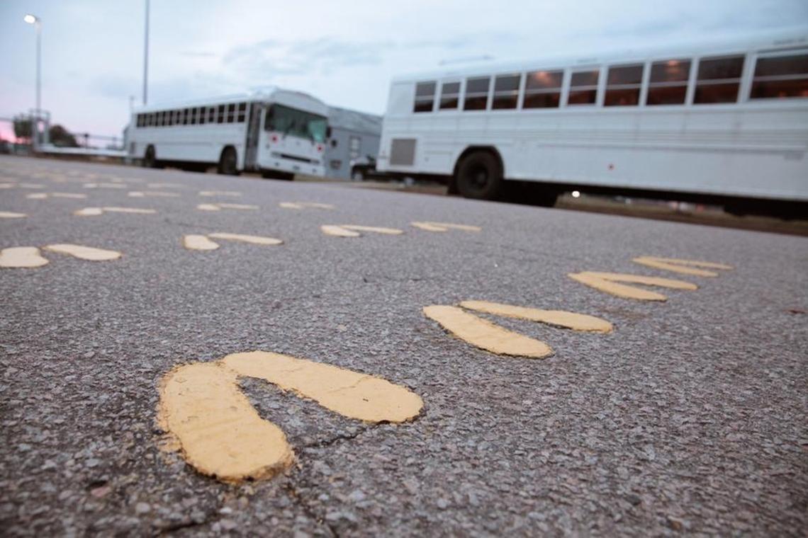 The symbolic and historic yellow footprints at Marine Corps Recruit Depot Parris Island, S.C., are visible in this file photo.