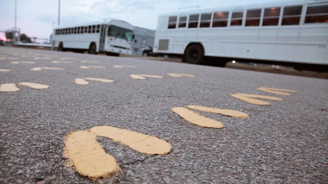 The symbolic and historic yellow footprints at Marine Corps Recruit Depot Parris Island, S.C., are visible in this file photo.