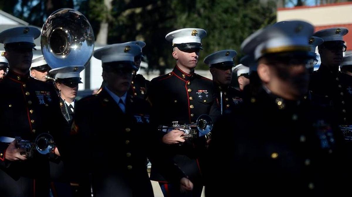 Marines in the Parris Island Marine Band march in last year’s Veterans Day Parade on Boundary Street in Beaufort.
