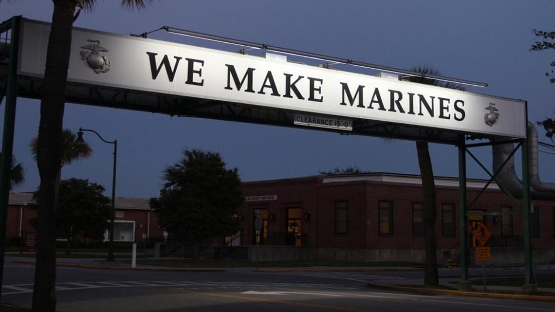 The iconic “We Make Marines” sign is shown at Marine Corps Recruit Depot Parris Island.