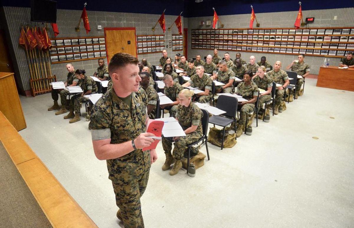 During a drill instructor training session on April 19, 2017 at Marine Corps Recruit Depot Parris Island, Staff Sgt. Christopher Serra leads his students through a reading of the Recruit Training Order. It takes drill instructor candidates 20 hours of class time to read through the nine chapters of the Order.