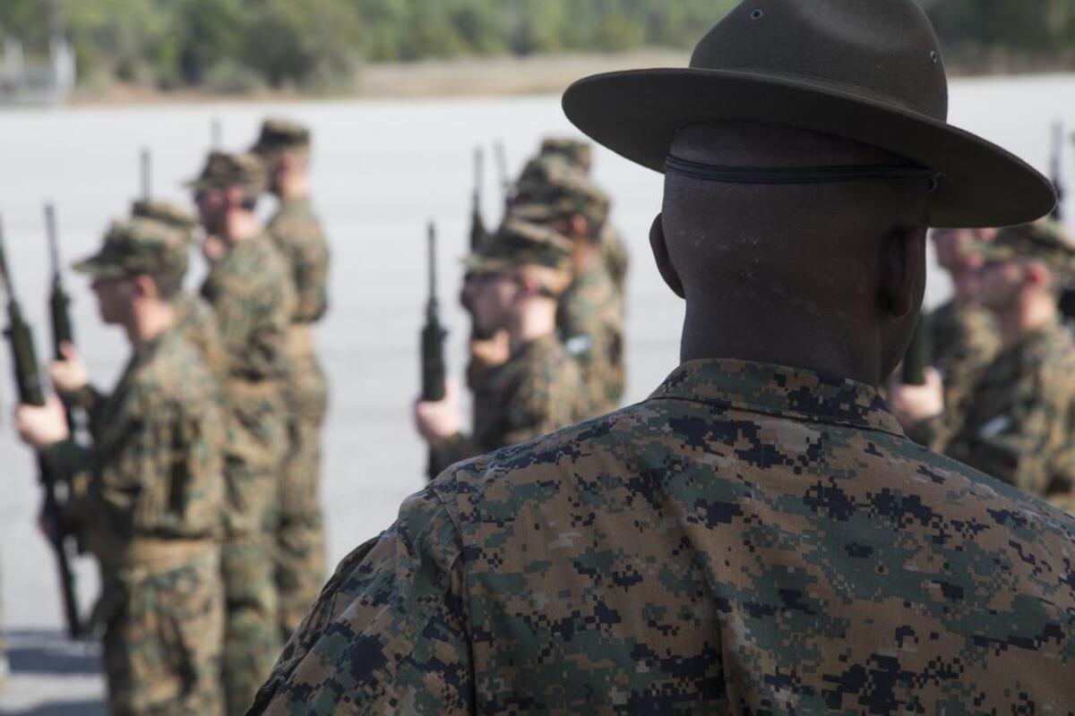 Drill instructor conducts close order drill at the 3rd Battalion parade deck aboard Marine Corps Recruit Depot Parris Island, S.C., Feb. 24, 2016. Close order drill helps to instill self-discipline in recruits as they become U.S. Marines.