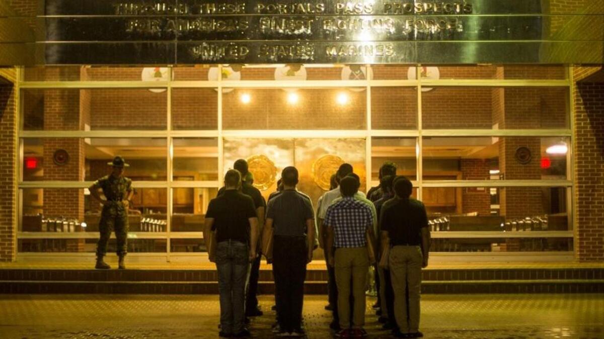 New trainees prepare to walk through the iconic “Silver Hathes” on July 10, 2017 at Marine Corps Recruit Depot Parris Island, S.C.