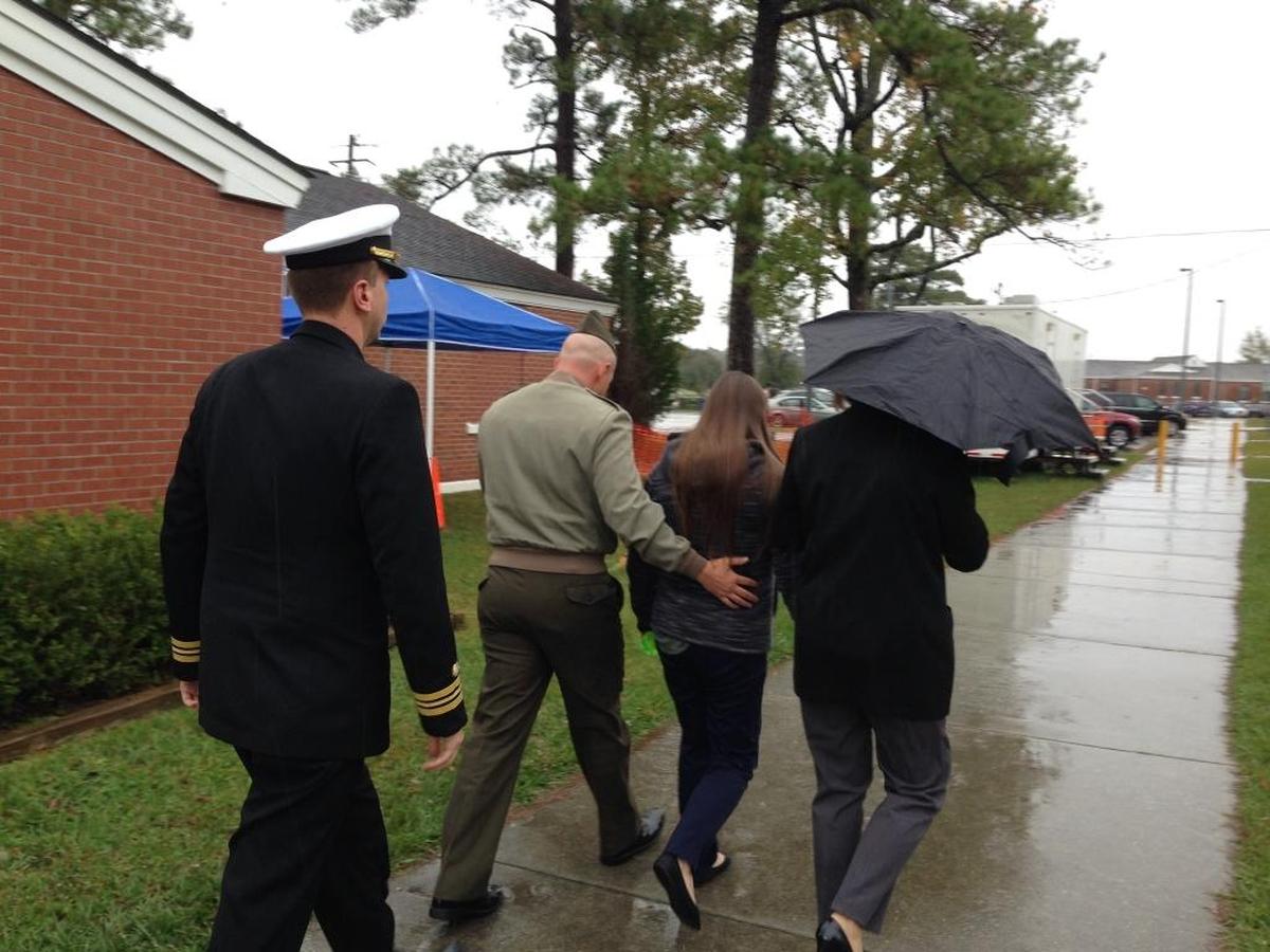 Former Marine Corps Recruit Depot Parris Island drill instructor Joseph Felix walks out of the courtroom at Camp LeJeune in North Carolina in November 2017 during his court-martial for allegedly hazing Marine recruits.