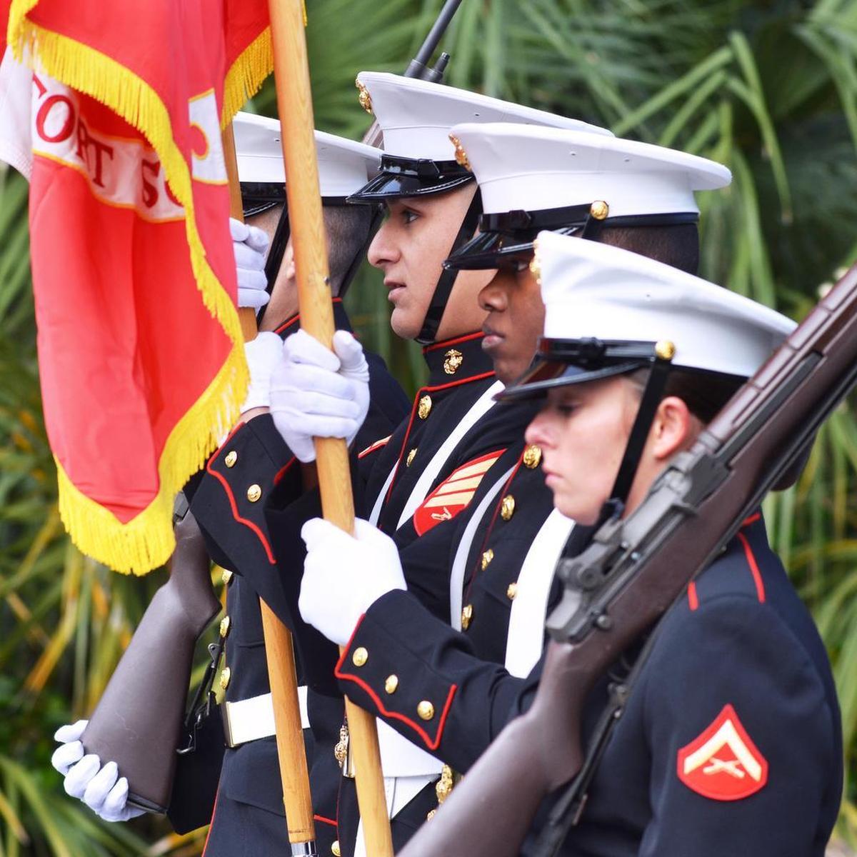 The Marine Corps color guard marches down Carteret Street during Saturday’s Beaufort Veterans Day Parade.