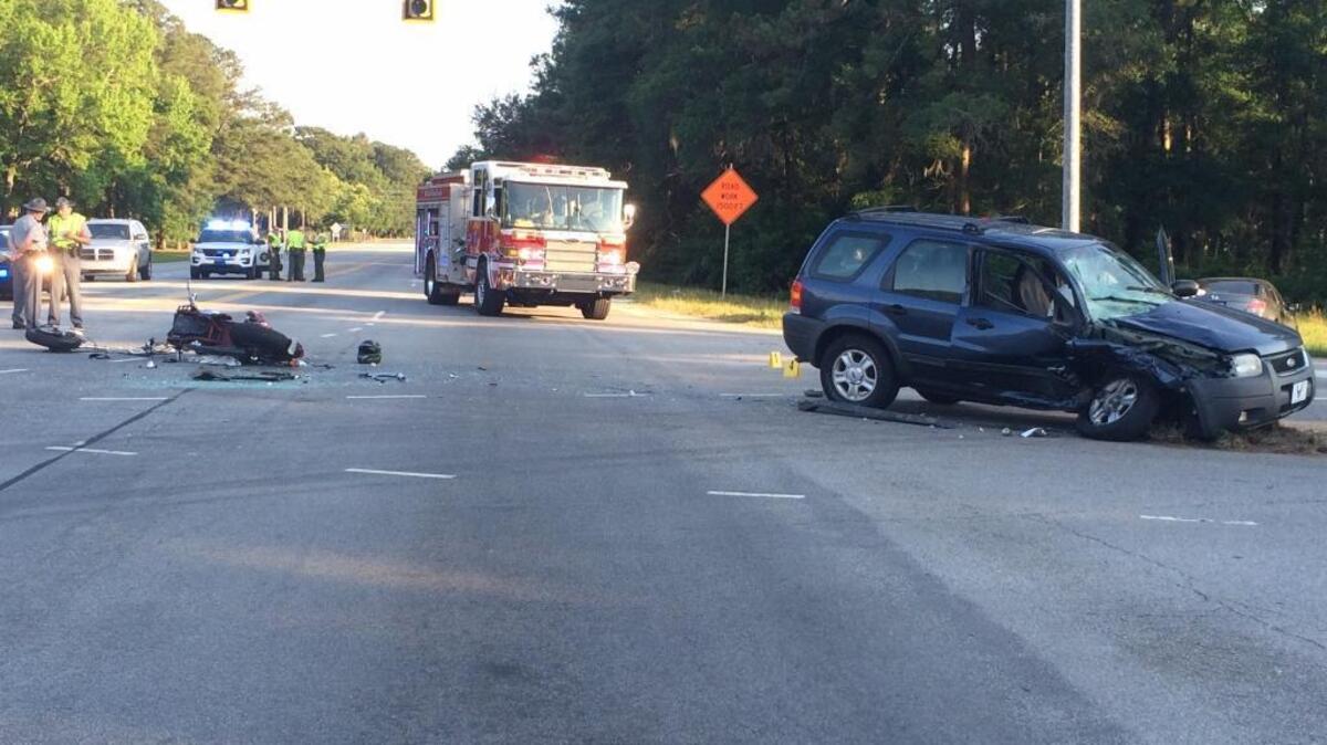 The scene of the fatal motorcycle-SUV collision on Trask Parkway in Beaufort around 6 p.m. Thursday.