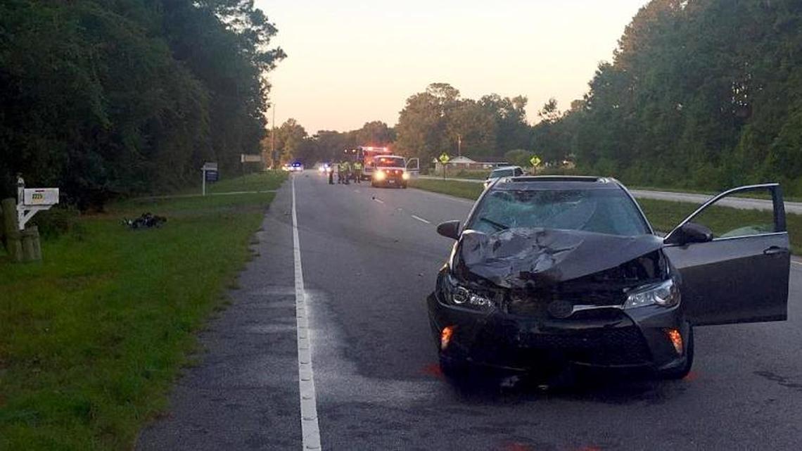 A Toyota driven by a woman identified by the Beaufort County Detention Center as Jermasha Nelson, 22, of Ridgeland, rests on U.S. 21 near Garret Smalls Road after it struck a moped around 5:30 a.m. Sept. 5, 2016. Nelson was charged with felony DUI in the collision.