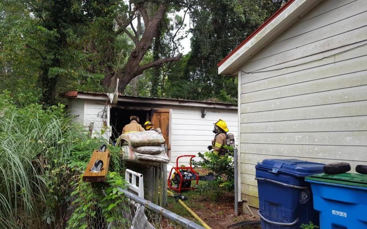 A shed caught fire behind a Twin Lakes Road home in Beaufort just before 10:30 a.m. on Sunday.