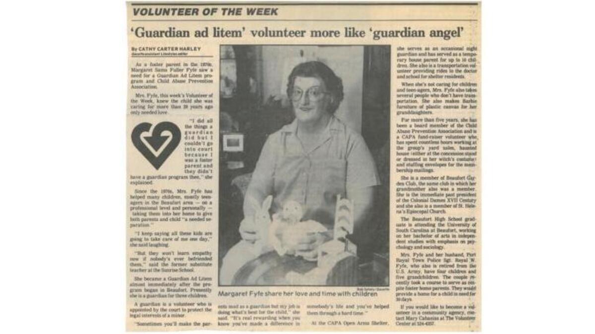 Margaret Fyfe was recognized as Beaufort Gazette’s volunteer of the week. This is a scanned newspaper clipping believed to be published in or around 1994.