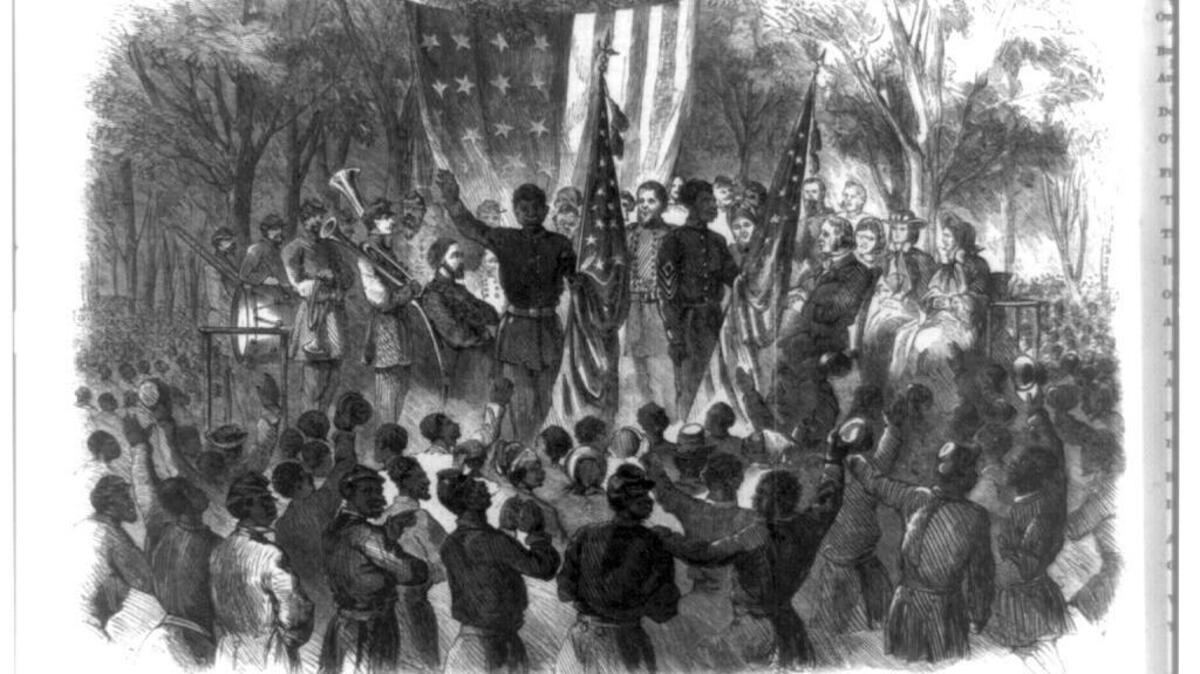 Published in Frank Leslie’s illustrated newspaper on Jan. 24, 1863 “Emancipation Day in South Carolina” - the Color-Sergeant of the 1st South Carolina (Colored) addressing the regiment, after having been presented with the Stars and Stripes, at Smith’s plantation in Port Royal.