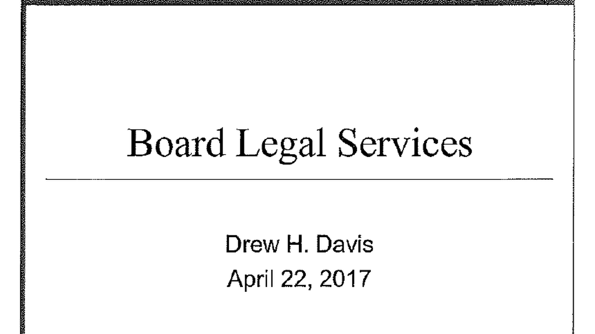 School district attorney Drew Davis presented a Powerpoint to the Beaufort County School Board April 22, 2017 describing his responsibilities and relationship with the board. He also included a historical cost overview showing how hiring in-house counsel has saved the district thousands of dollars each year.
